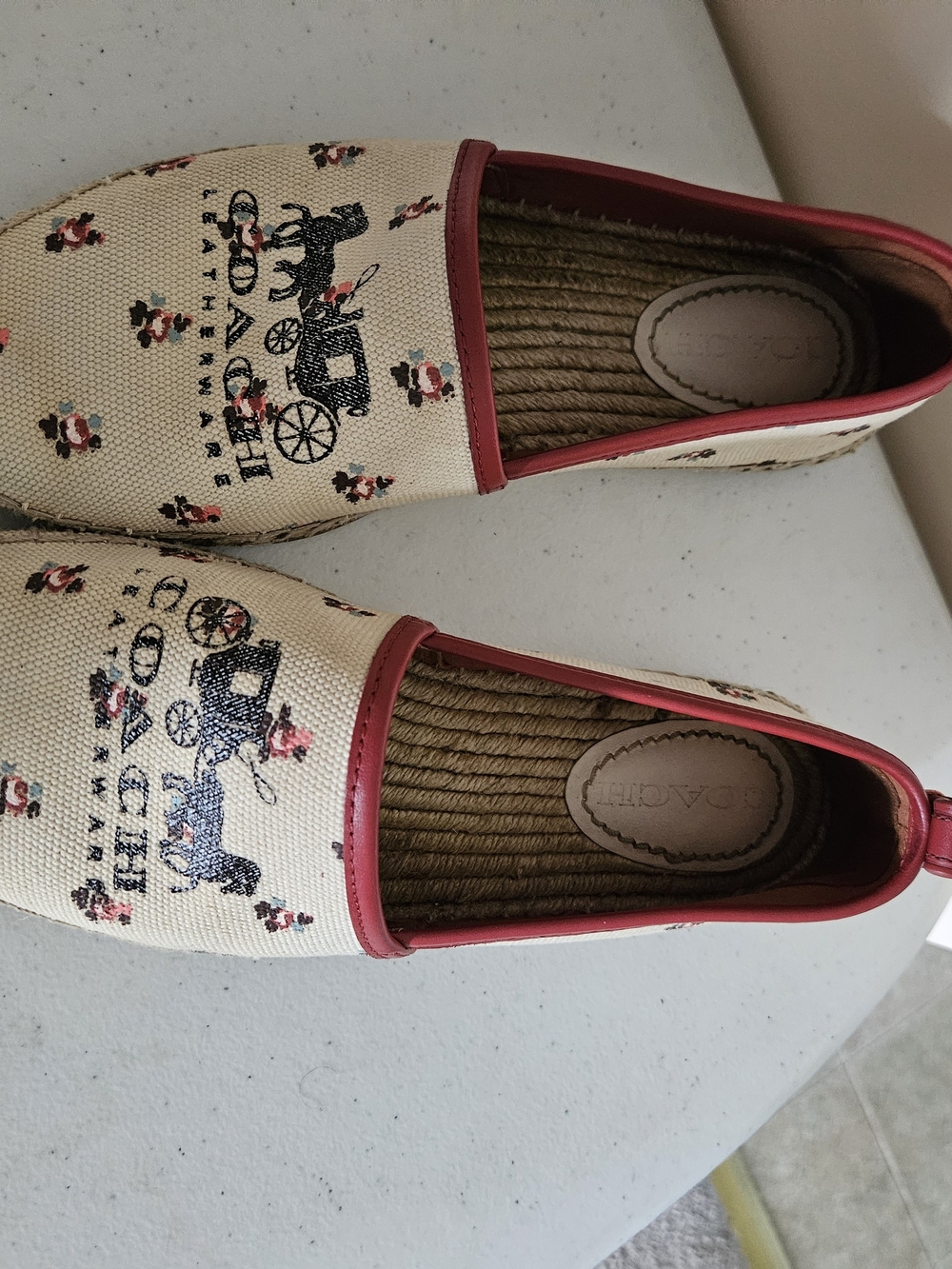 Coach Women’s Slip-On Canvas Espadrilles in Beige with Red Trim